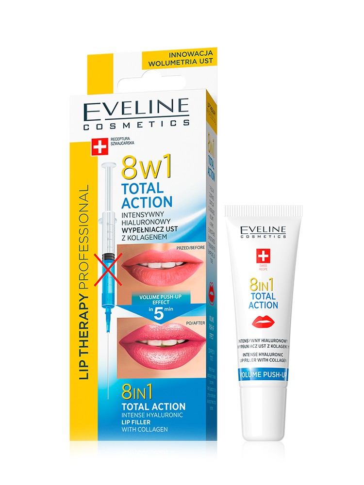 Eveline total action. Eveline Cosmetics Lip Therapy professional. Eveline Lip Therapy professional гиалуроновый филлер. Гиалуроновый филлер д /губ с коллагеном total Action 8 в 1 Eveline. Эвелин бальзам для губ 8 в 1.